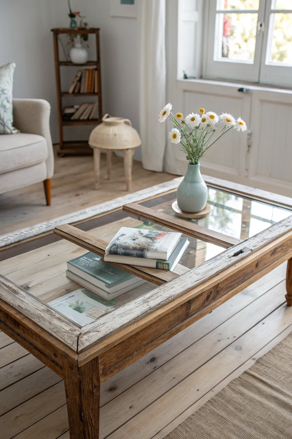 Transform a vintage window into a stunning coffee table centerpiece, blending rustic charm with minimalist elegance.