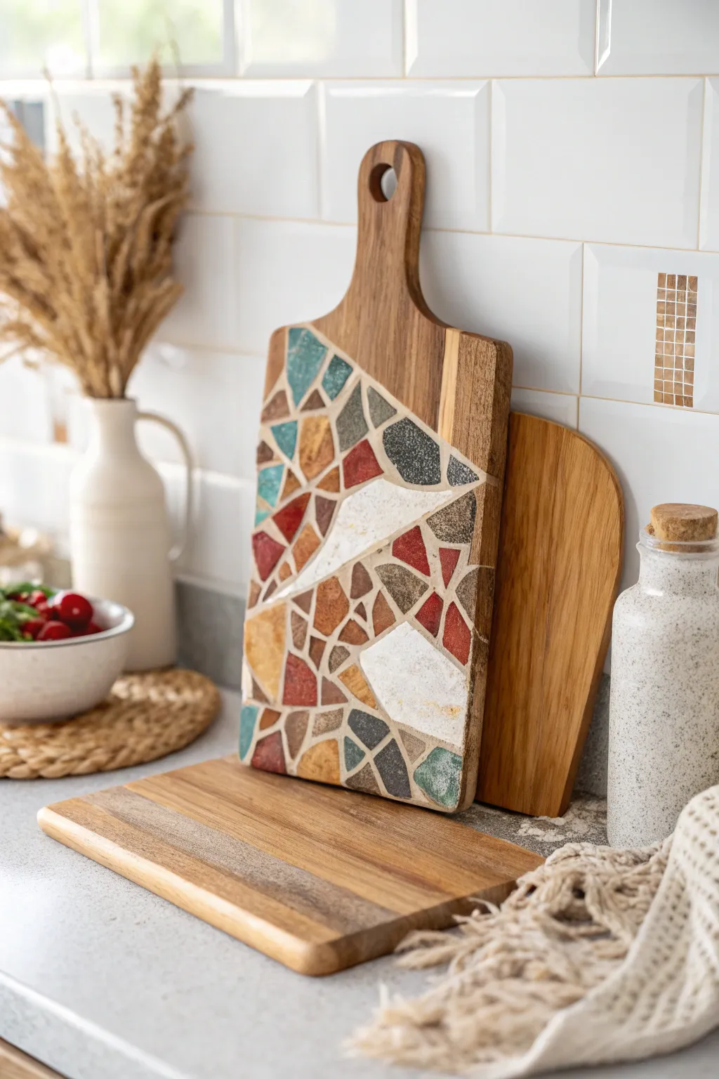 Elevate your kitchen with a unique mosaic cutting board blending natural wood and vibrant resin.