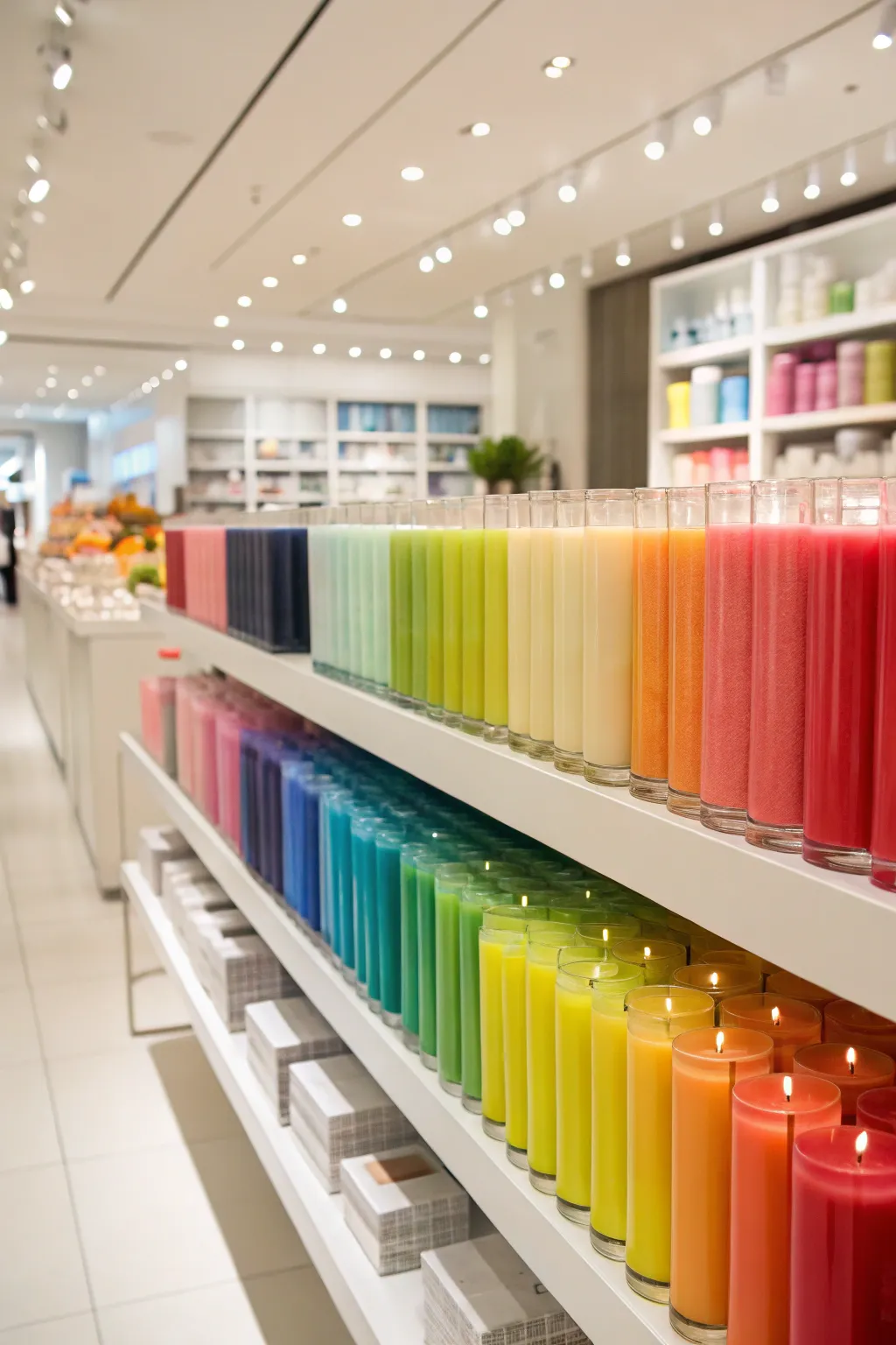 Color-coordinated candle display creating a rainbow effect.