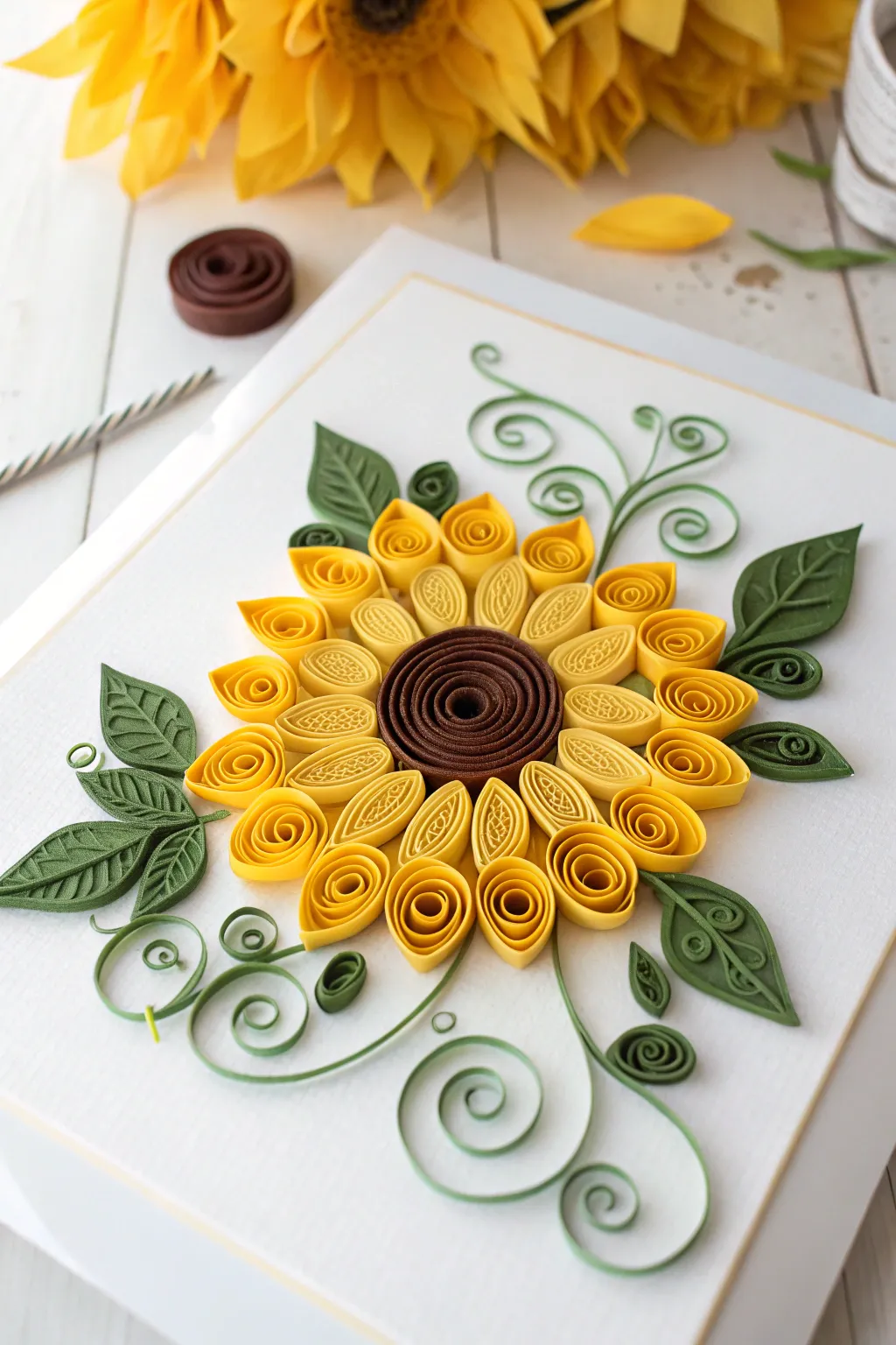 Bring a touch of sunshine into your home with this exquisite rolled paper sunflower art, embodying elegance and warmth.