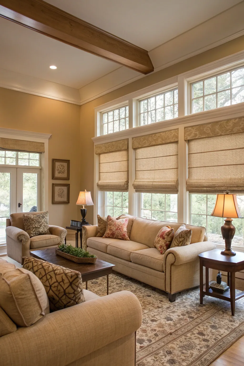 Neutral Roman shades create a cozy living room atmosphere.