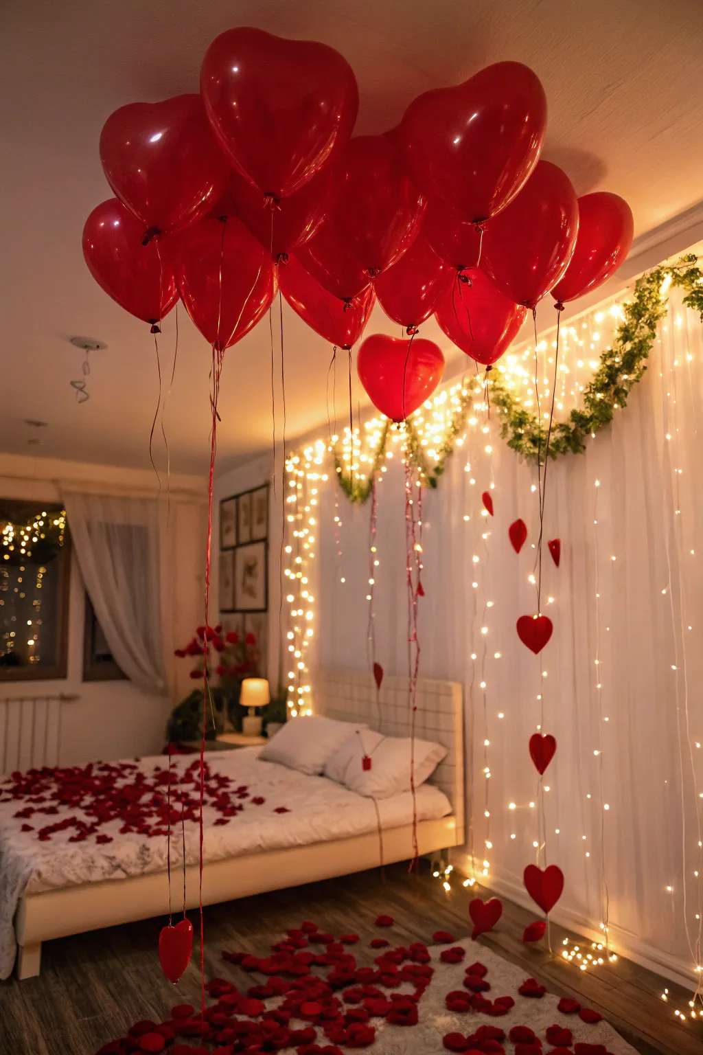 Heart-shaped balloons add a whimsical touch to romantic decor.