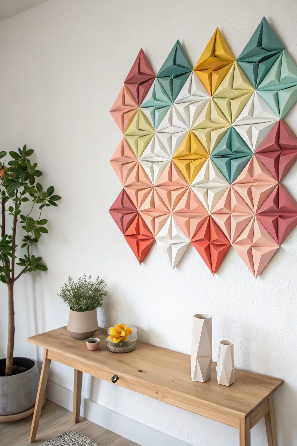 Transform your space with contemporary geometric paper art—where minimalism meets vibrant creativity.