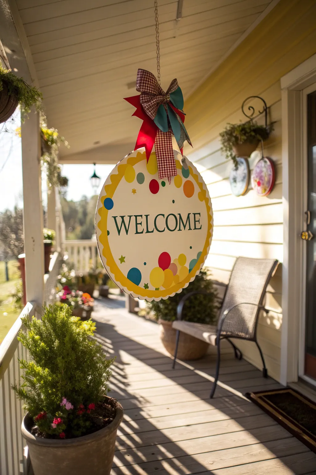 A vibrant bow adds a playful touch to this welcoming display.