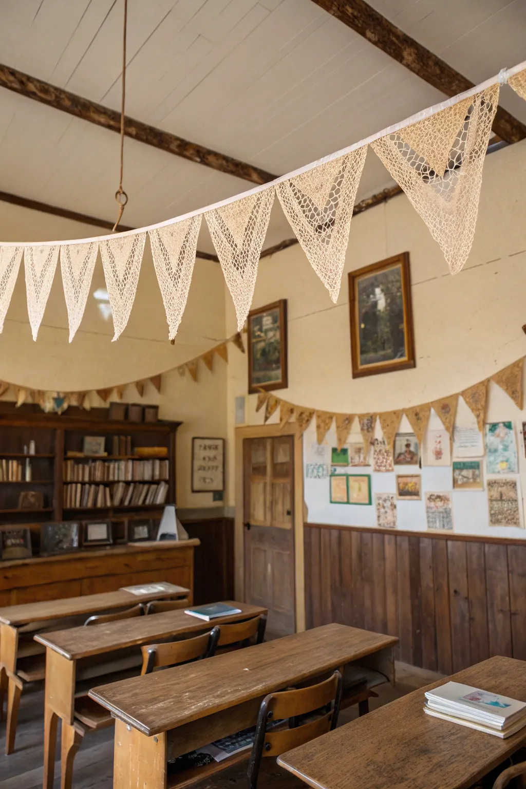 Cozy burlap and lace banners add a vintage touch.
