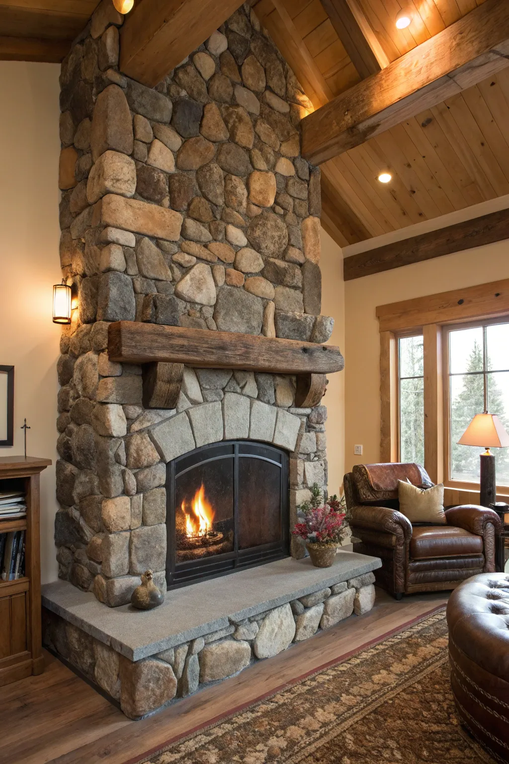 Embrace rustic elegance with a handcrafted stone fireplace that transforms any room into a haven of warmth and charm.
