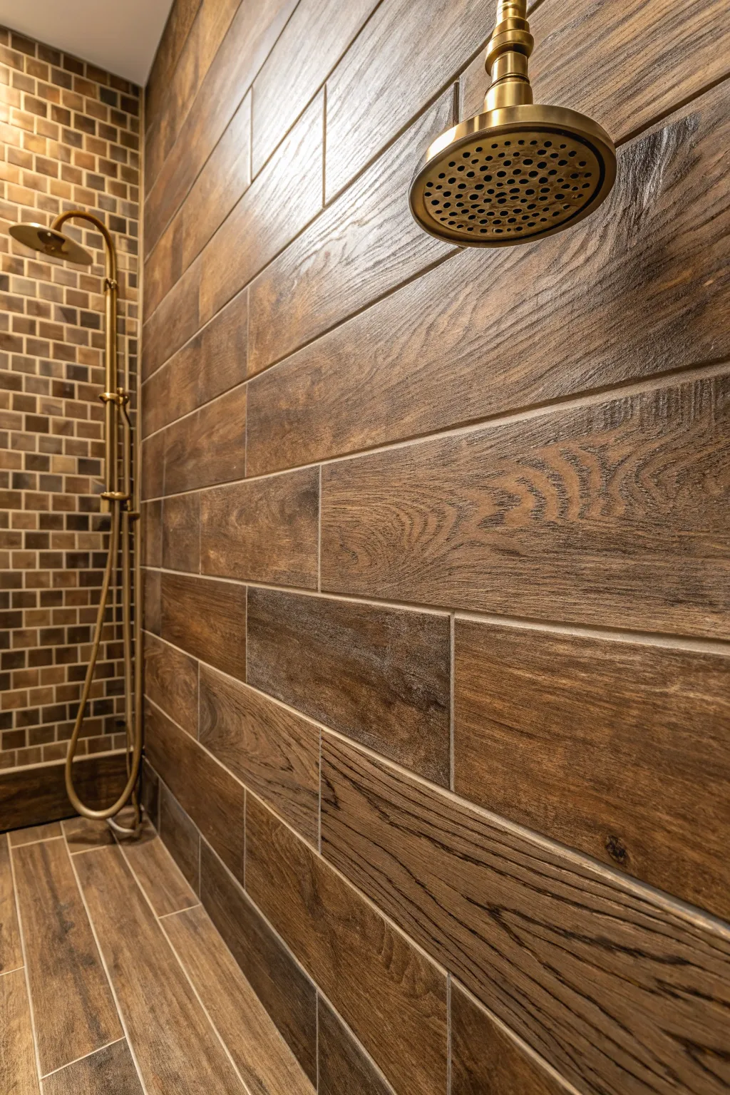 Transform your shower into a cozy retreat with the timeless charm of wood-look tiles.