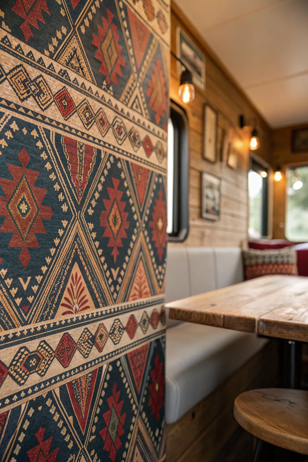 Transform your RV dining space with a touch of bohemian flair—style meets simplicity with peel-and-stick wallpaper.