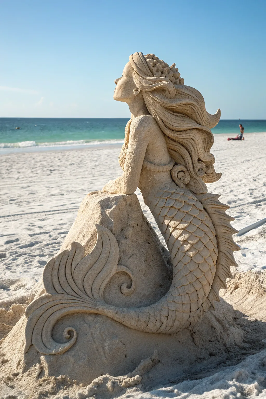Dive into enchantment with a mesmerizing sand mermaid, where artistry meets the beauty of nature.