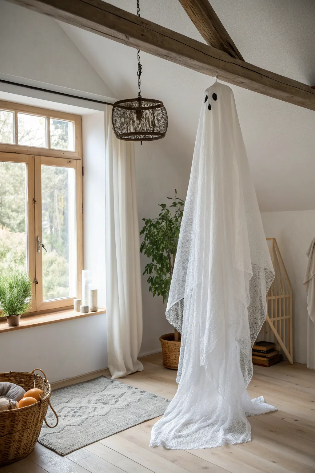 Evoke spectral elegance with these DIY floating ghost drapes – a perfect blend of simplicity and spookiness for your Halloween decor.