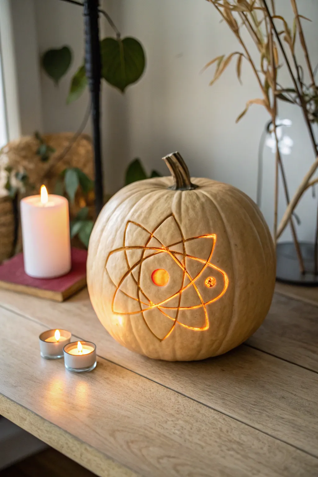 Illuminate your space with science: an atomic masterpiece on a pumpkin, where minimalist design meets natural elegance.
