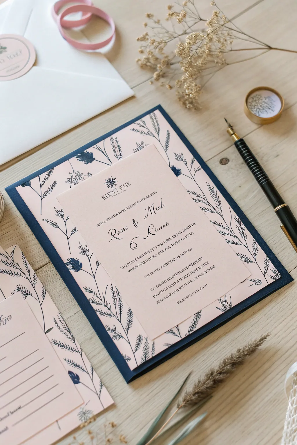 Capture the essence of your wedding with a blush and navy scrapbook palette, where elegance meets simplicity.