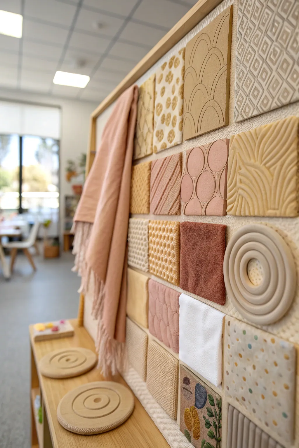Explore the soothing beauty of textures with this minimalist sensory wall, perfect for inspiring young minds.