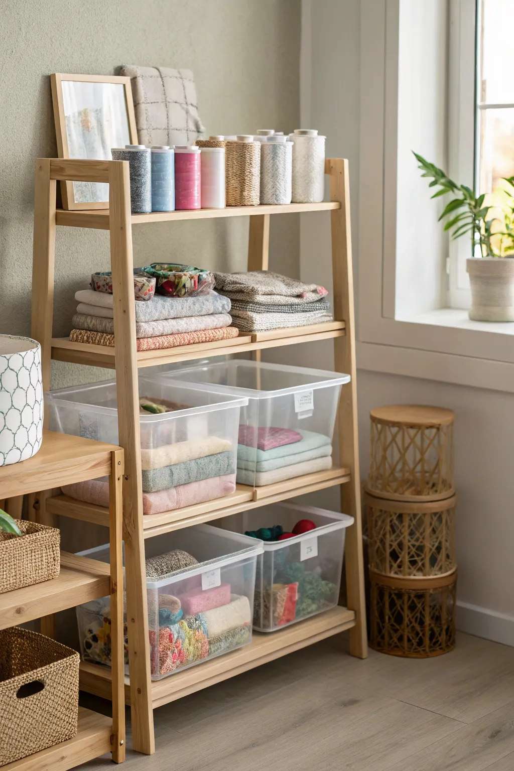 Elevate your sewing space with clear bins for effortless organization and a touch of minimalist elegance.