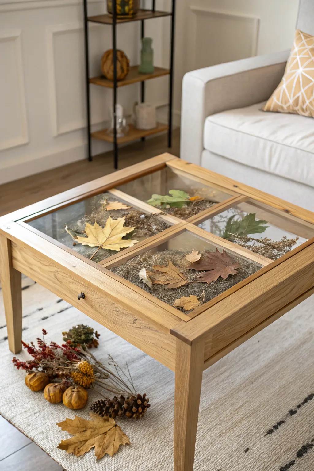 Embrace the beauty of change with this stunning shadow box table, where nature's art becomes a timeless centerpiece.