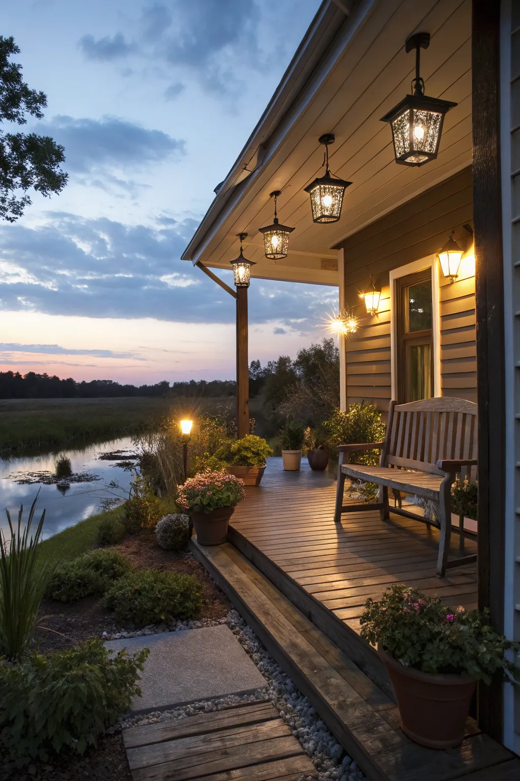 Solar lights create a magical ambiance on the porch.