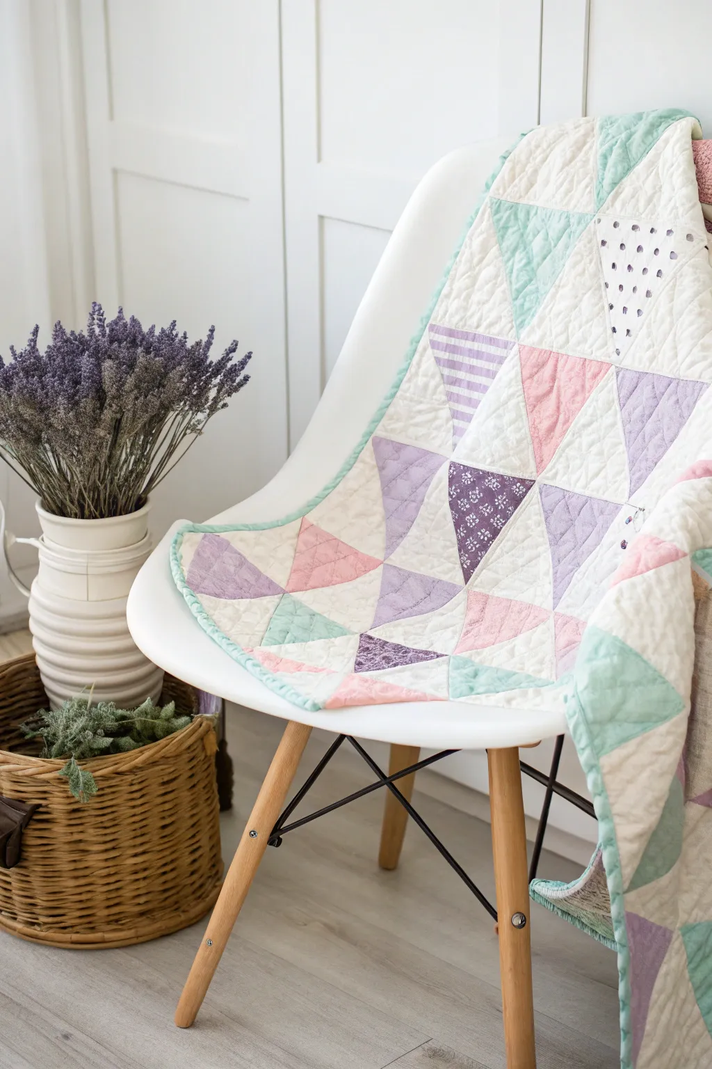 Embrace the elegance of simplicity with this Pastel Triangle Delight quilt, perfect for adding a gentle touch of color and charm to any nursery.