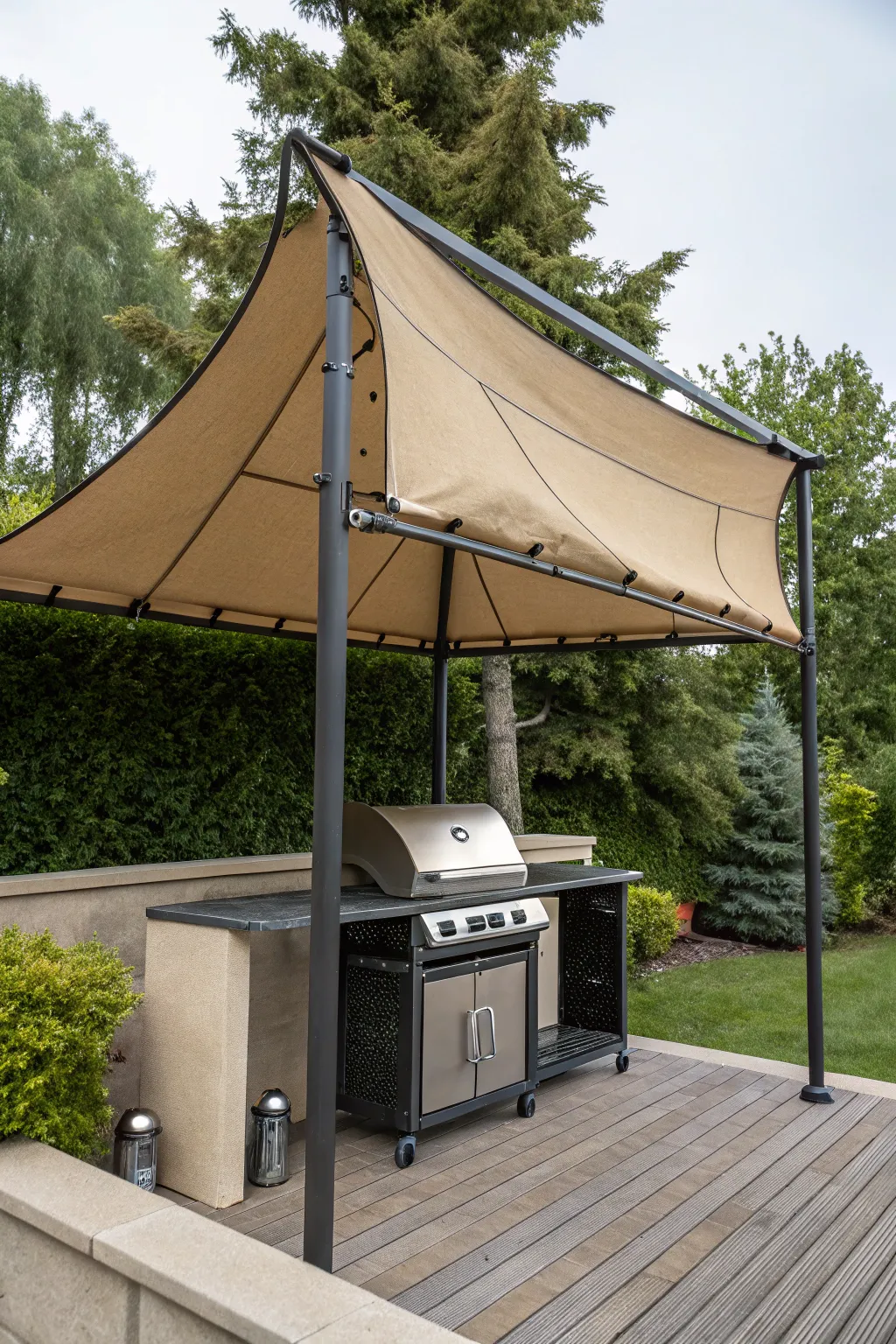 Achieve sophisticated outdoor cooking with a stylish canvas canopy, combining functionality and craftsmanship.