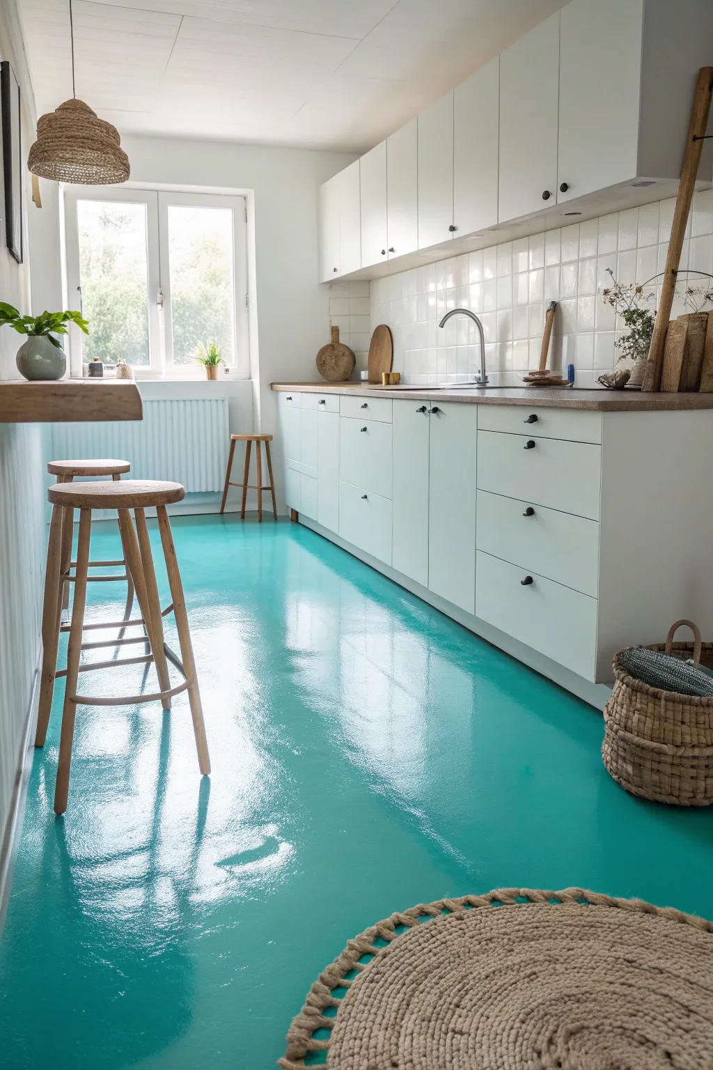 Transform your space with a splash of bold color—turquoise floors for an everlasting vacation vibe in your kitchen.