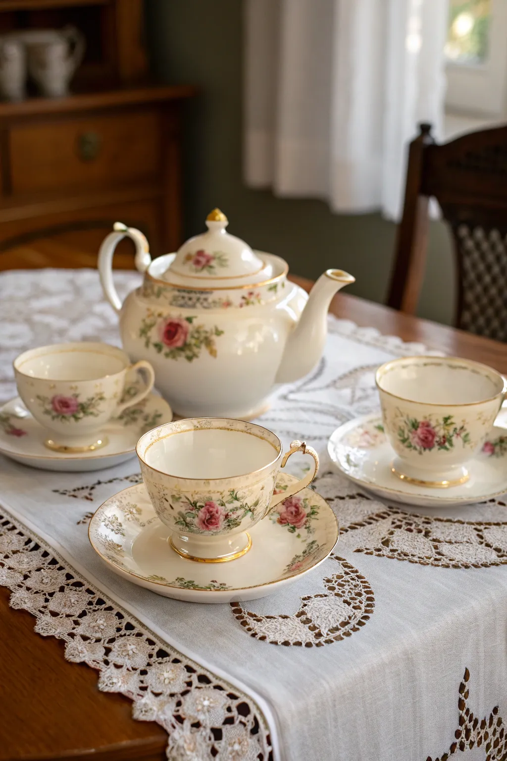 A timeless tea set arrangement with vintage charm.