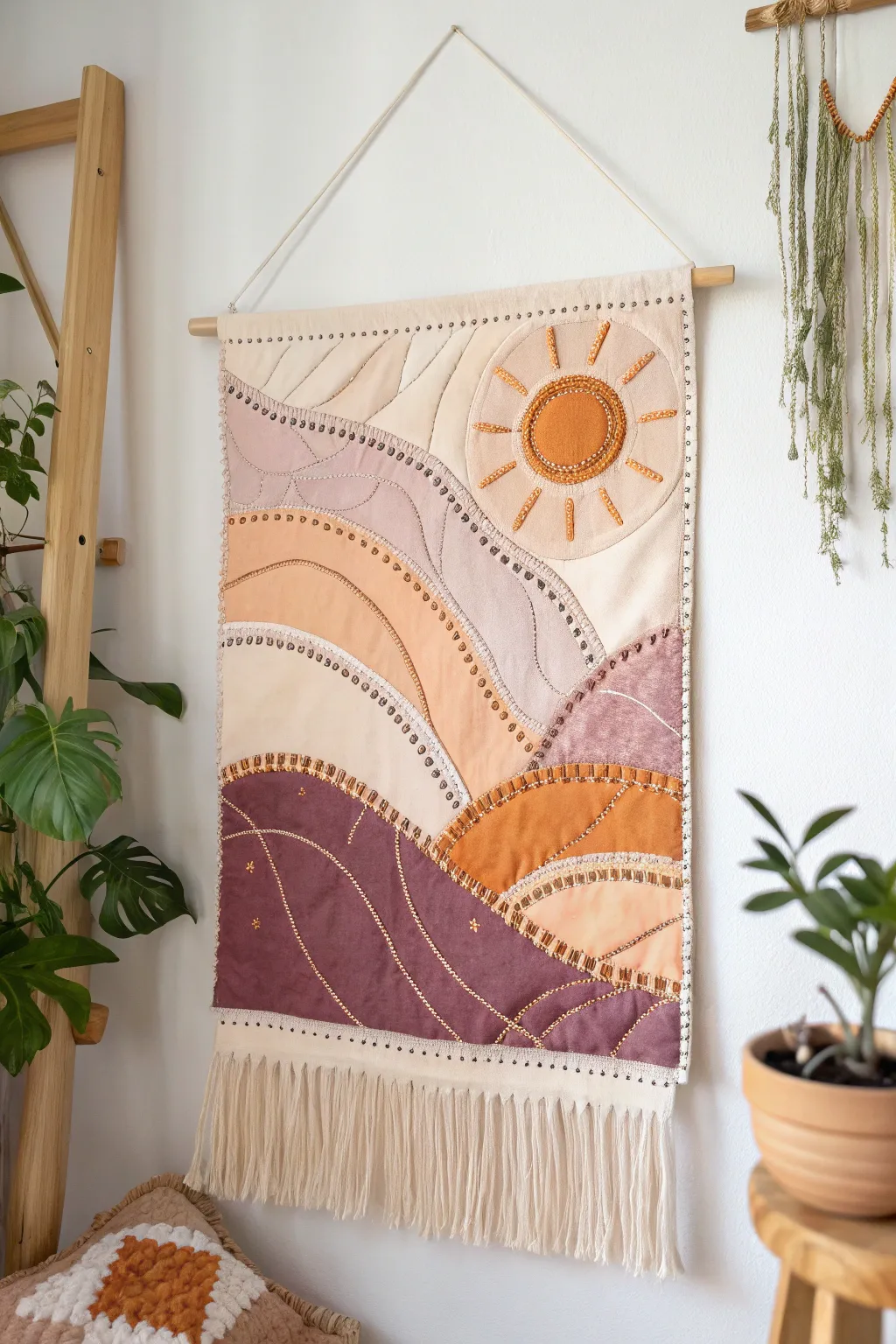 Capture the essence of a Texas sunset with this stunning abstract wall hanging – a perfect blend of minimalist elegance and boho charm.