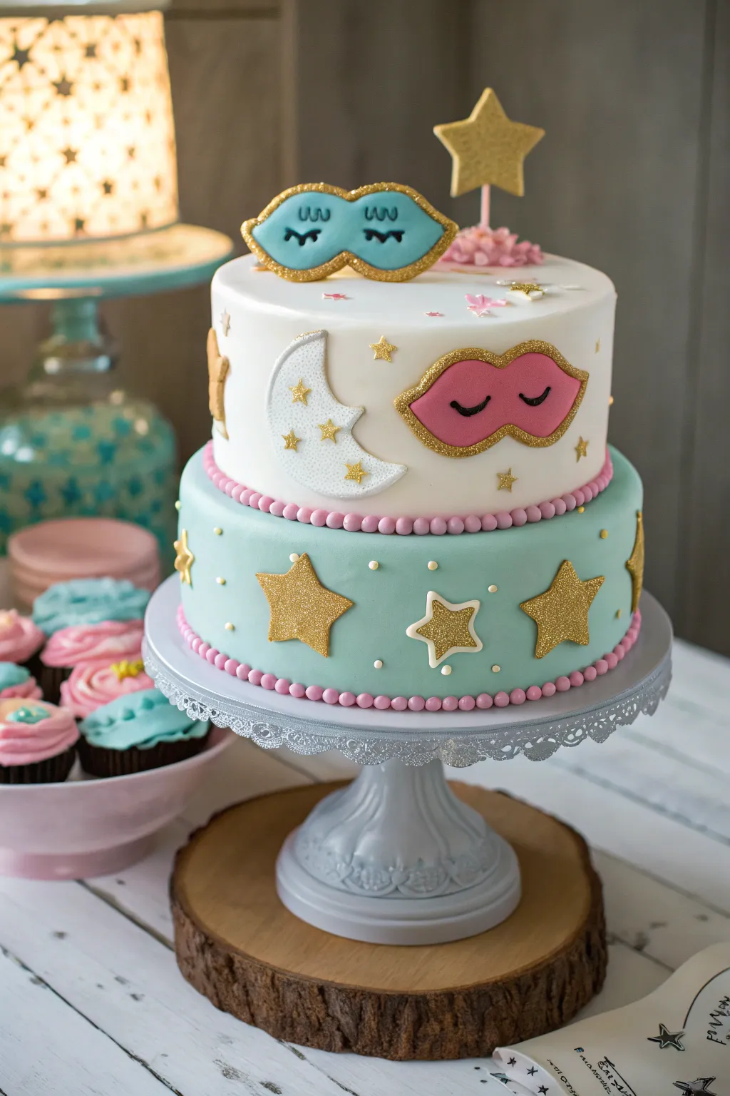 A whimsical sleeping mask cake, perfect for a slumber party.