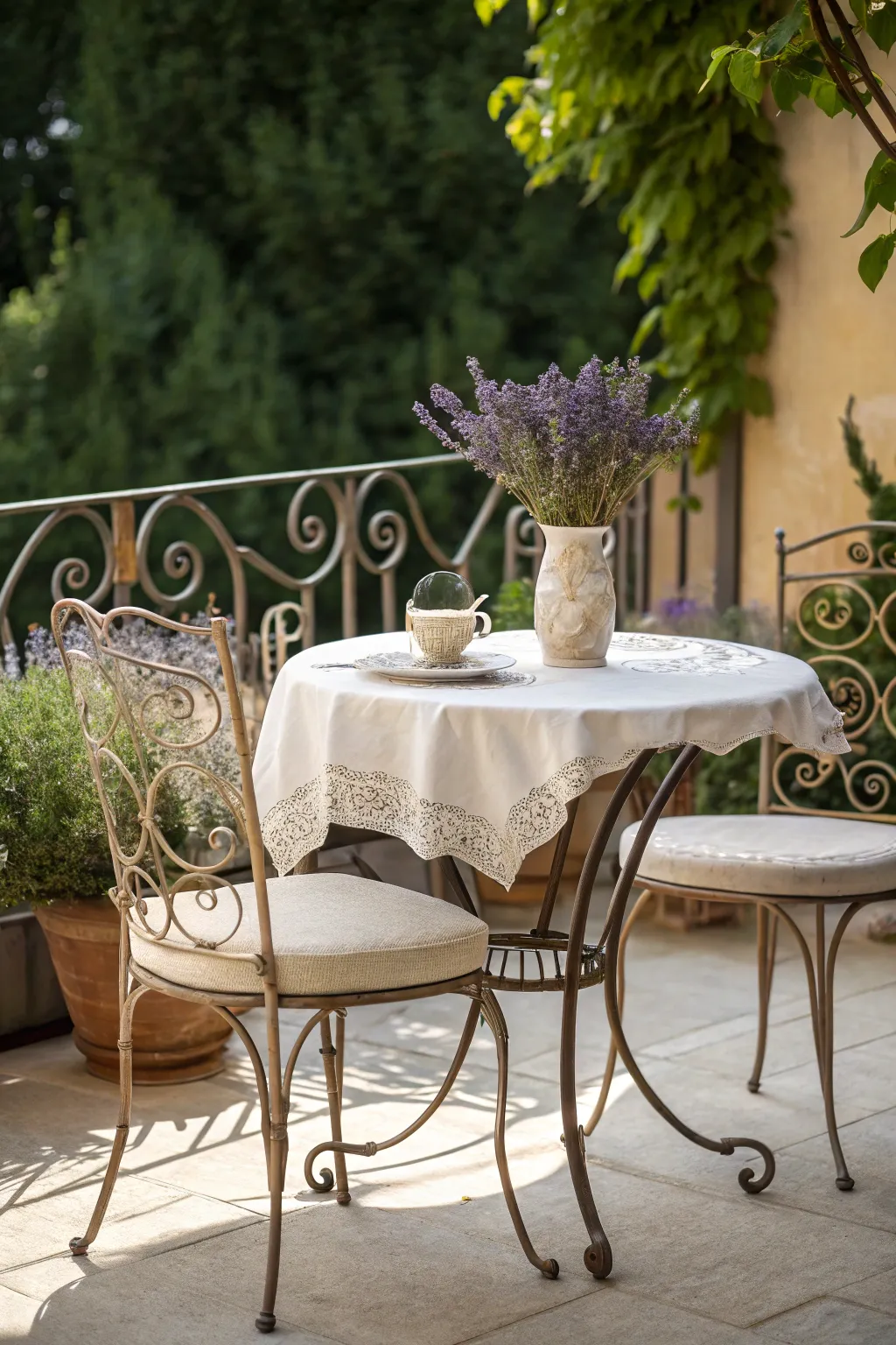 Transform your patio into a Parisian escape with elegant wrought iron furniture.