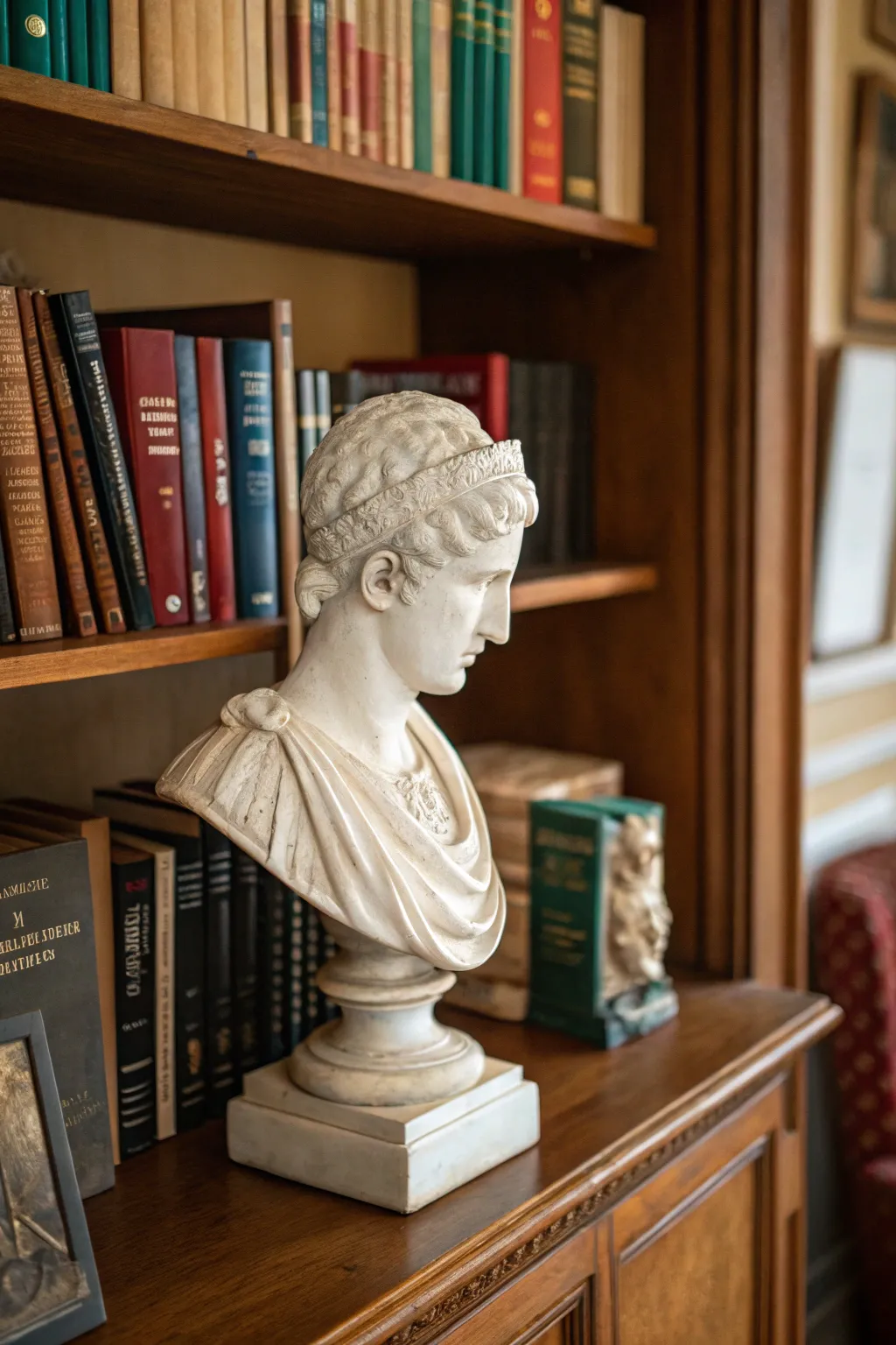 A marble bust adds classical elegance to a bookshelf.