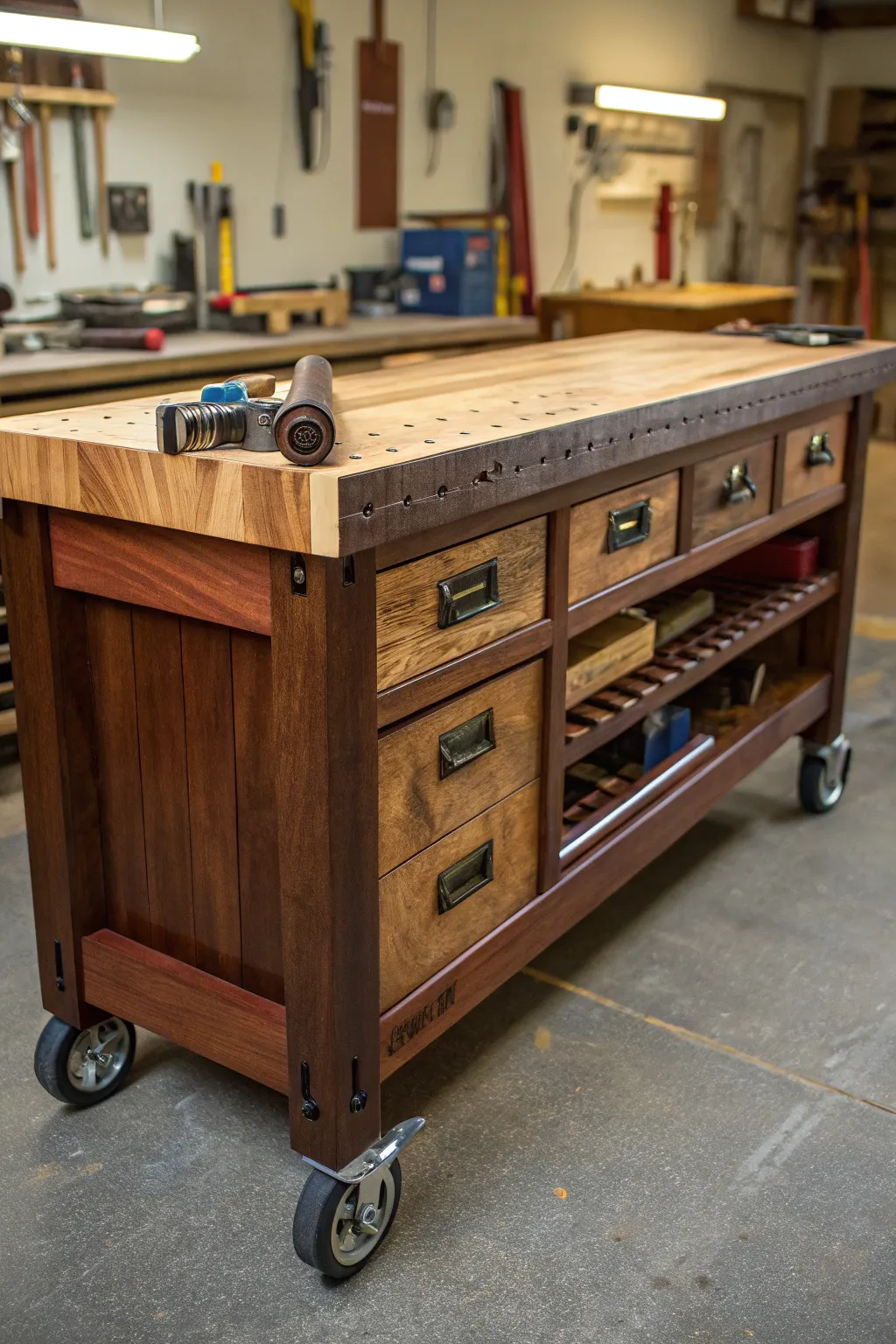 Elevate your small shop with this mobile masterpiece—where craftsmanship meets convenience.