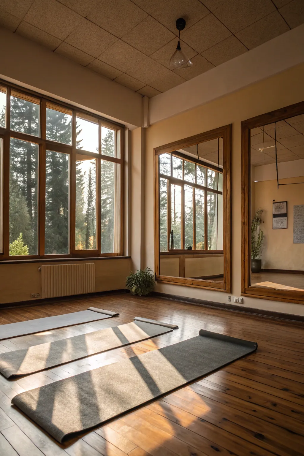 Natural light floods this small yoga room, creating an airy atmosphere.