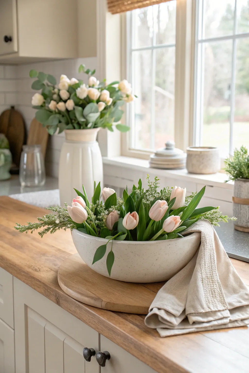 Create a fresh and elegant spring display with tulips and eucalyptus. #SpringDecor #FloralArrangement