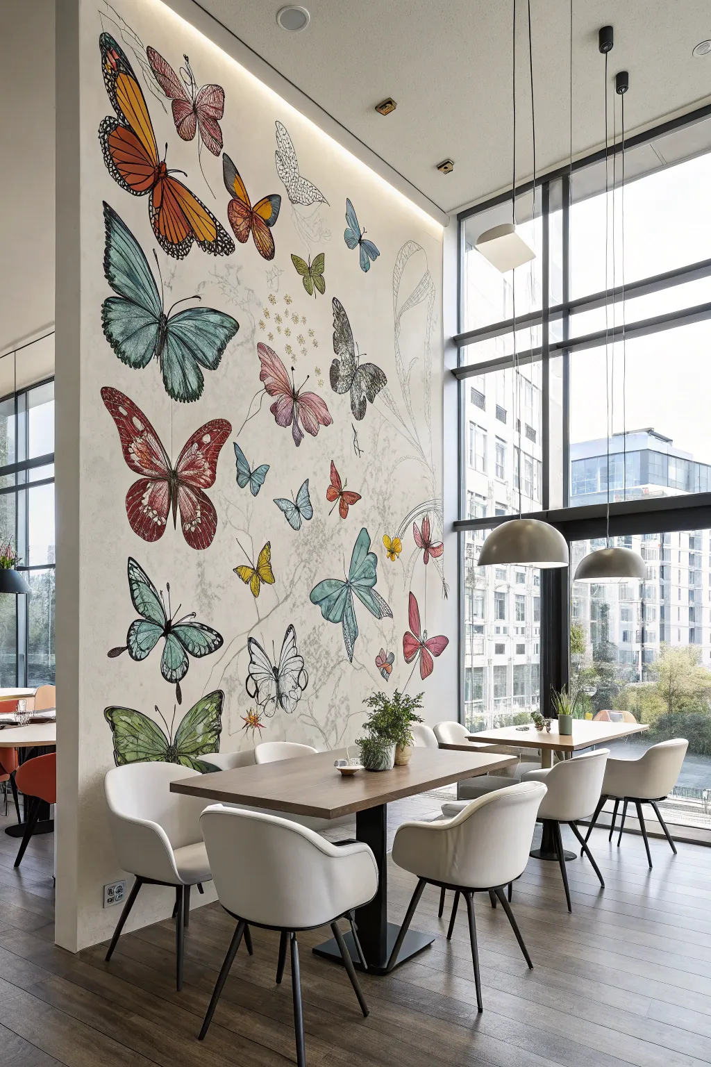 A modern dining room adorned with a colorful butterfly mural.