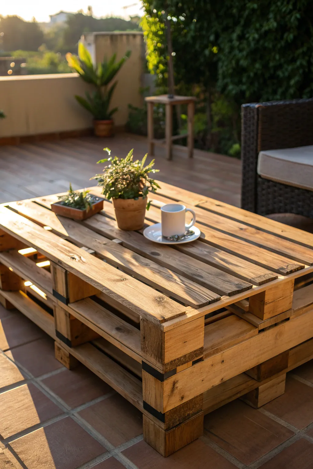 Elevate your patio with this handcrafted pallet coffee table, perfect for savoring coffee under the spring sun.