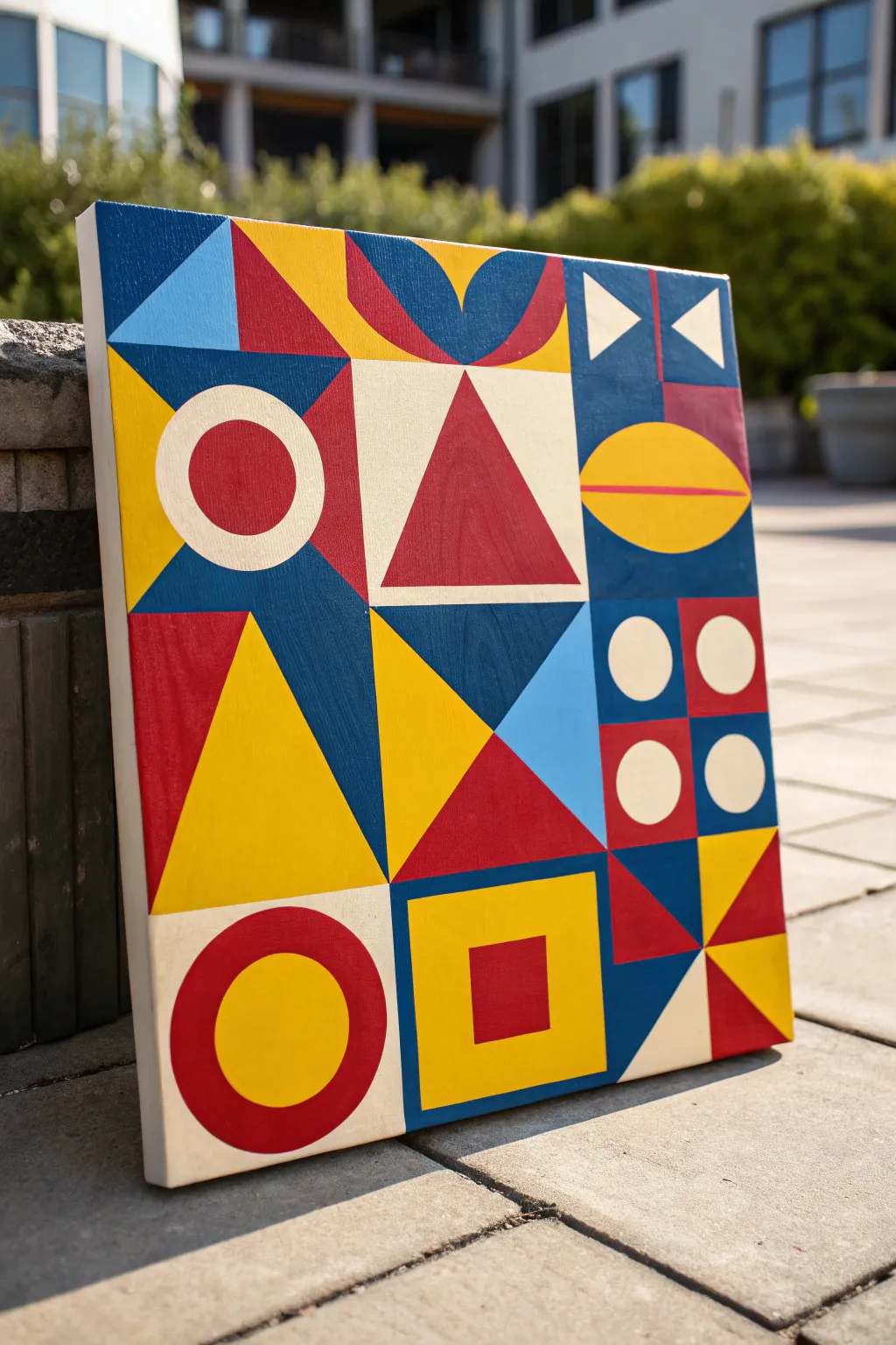 Geometric shapes in an abstract square painting for a chic touch.
