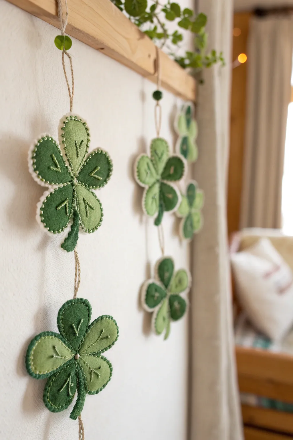 Add a touch of handmade charm to your space with this elegant shamrock garland, perfect for a minimalist St. Patrick's Day celebration.