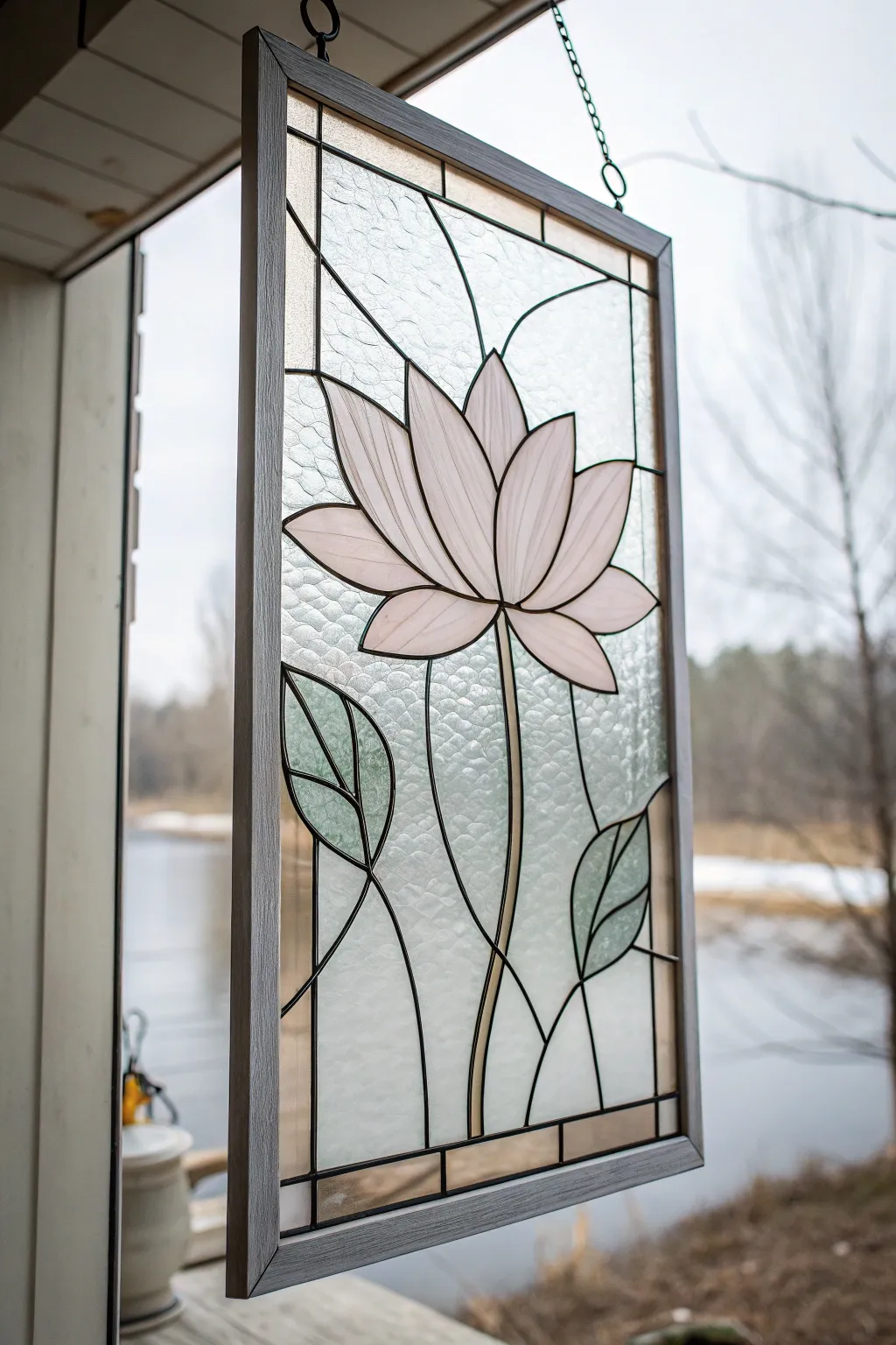Embrace tranquility with this lotus-inspired stained glass masterpiece, perfect for your serene sanctuary.