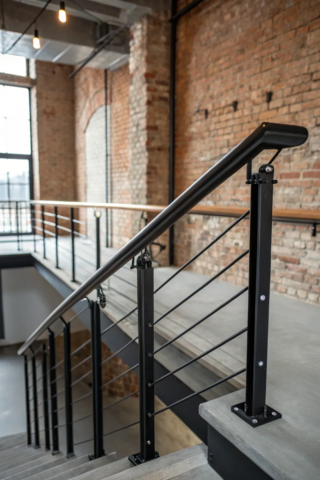 Embrace the elegance of minimalism with a sleek black metal handrail that defines modern sophistication.