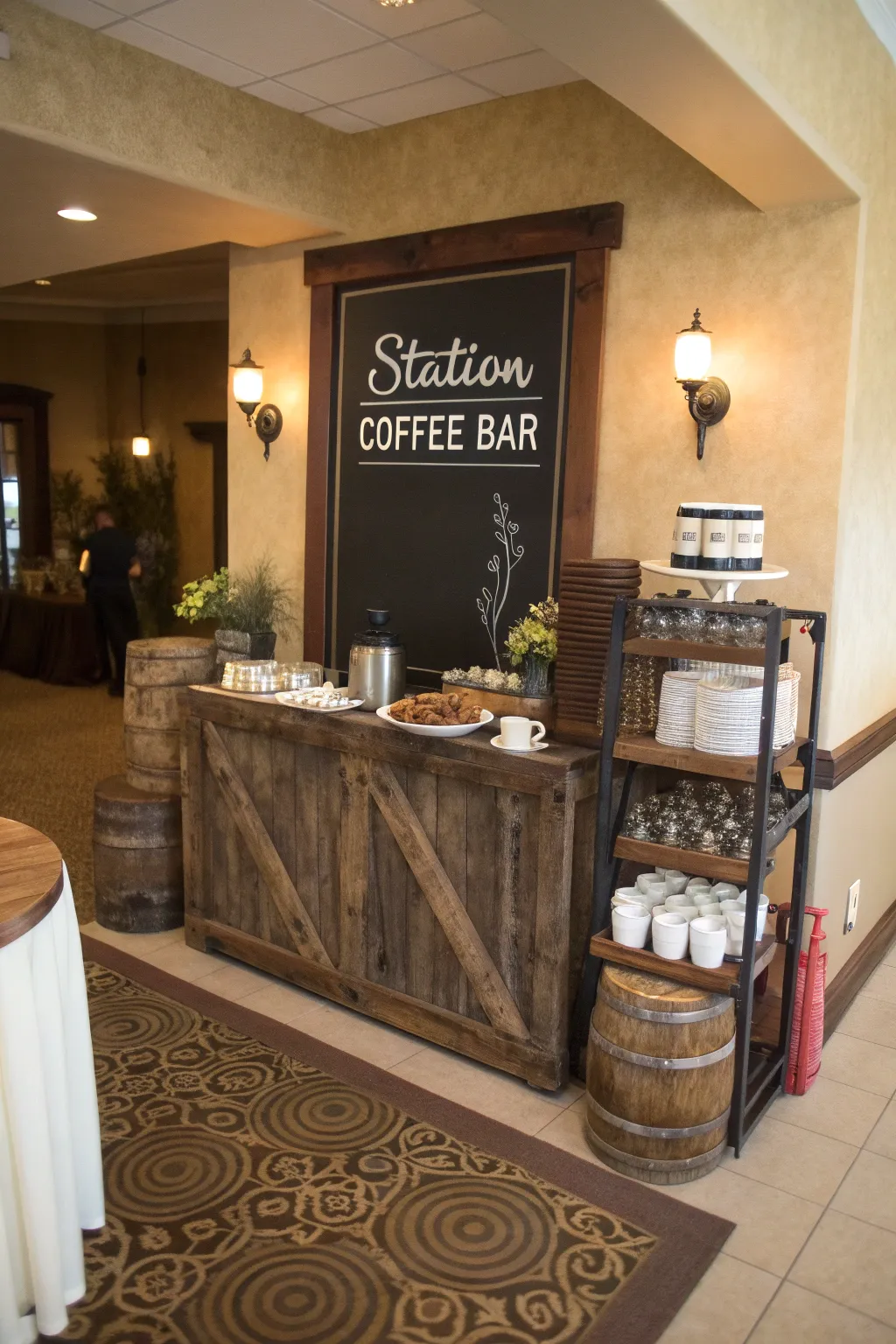 Guide your guests with a charming chalkboard sign that invites them to your cozy coffee corner.