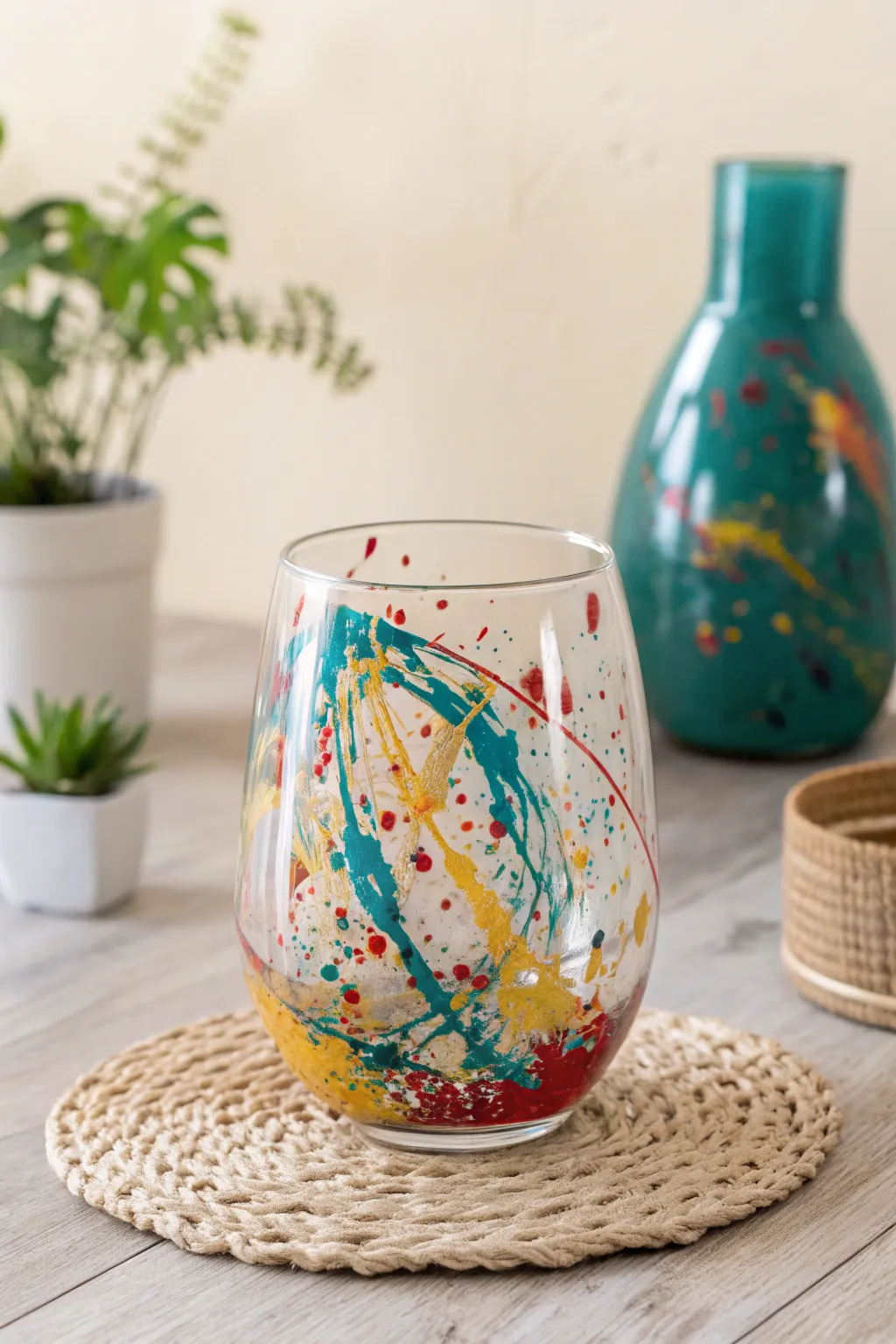 Embrace the art of simplicity and color with this stunning abstract splash on a stemless wine glass—a unique blend of creativity and minimalist elegance.