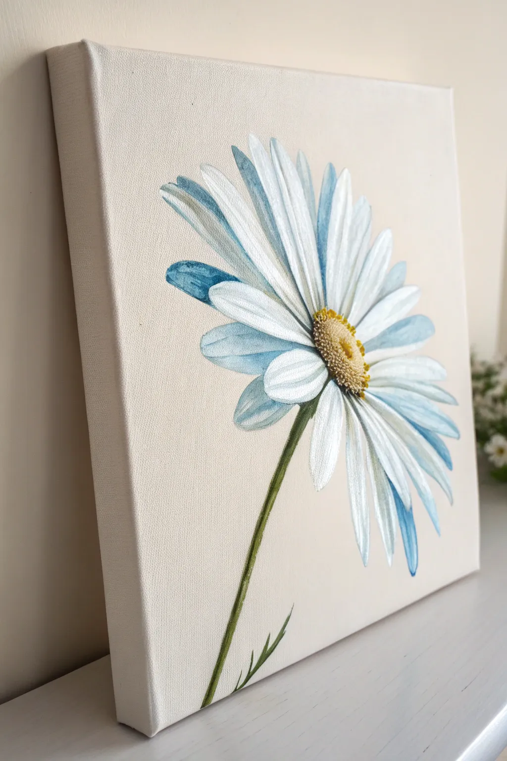 Discover the art of simplicity: Hand-painted daisy with a touch of blue elegance.