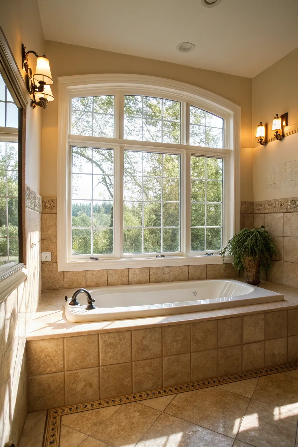 A bathroom with a large window, letting in abundant natural light.