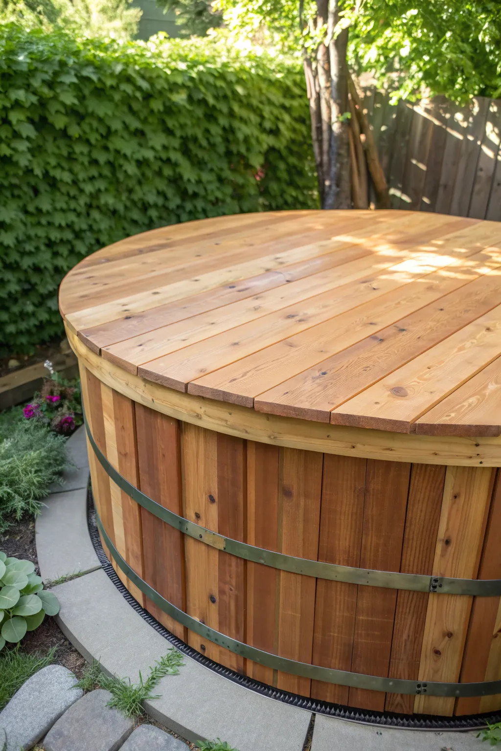 Transform your stock tank pool with a rustic cedar cover, merging elegance with craftsmanship.