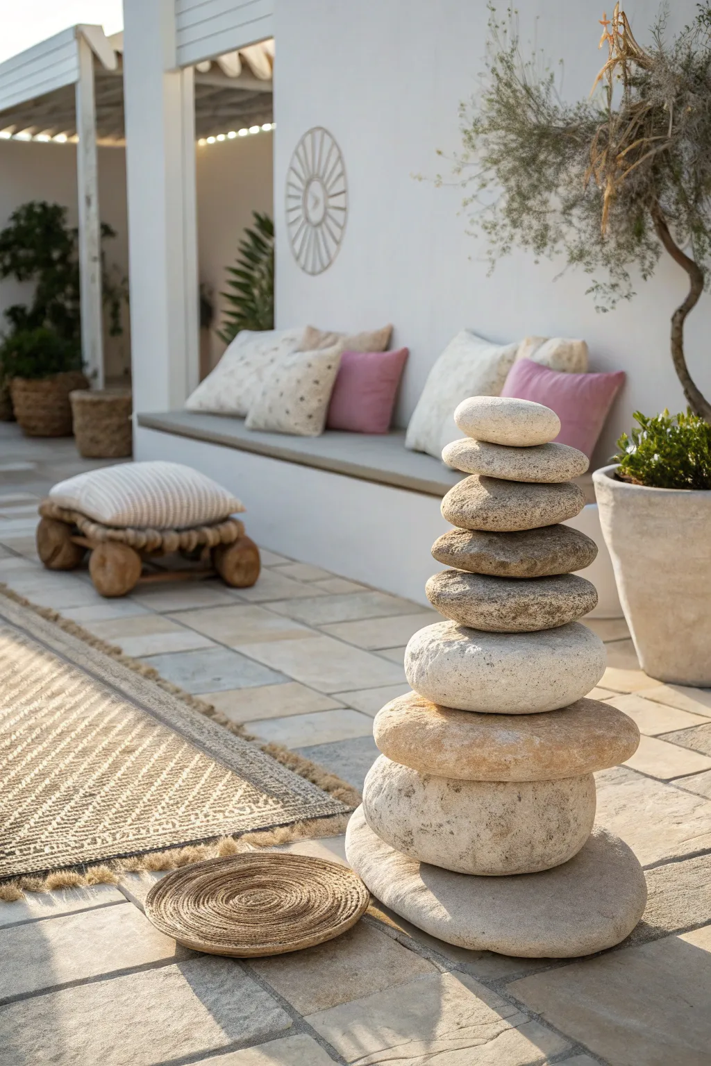 Unwind in style with this charming stone seating area, perfect for a sunny afternoon retreat.