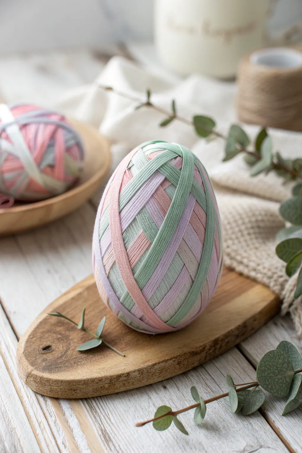 Embrace the art of simplicity with fabric-wrapped eggs, bringing warmth and texture to your space.