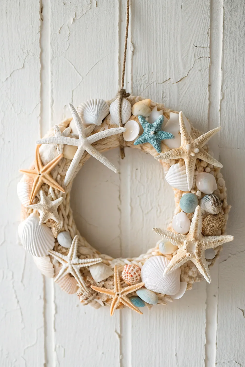 Bring coastal charm into your home with this serene seashell wreath, a perfect blend of simplicity and natural beauty.
