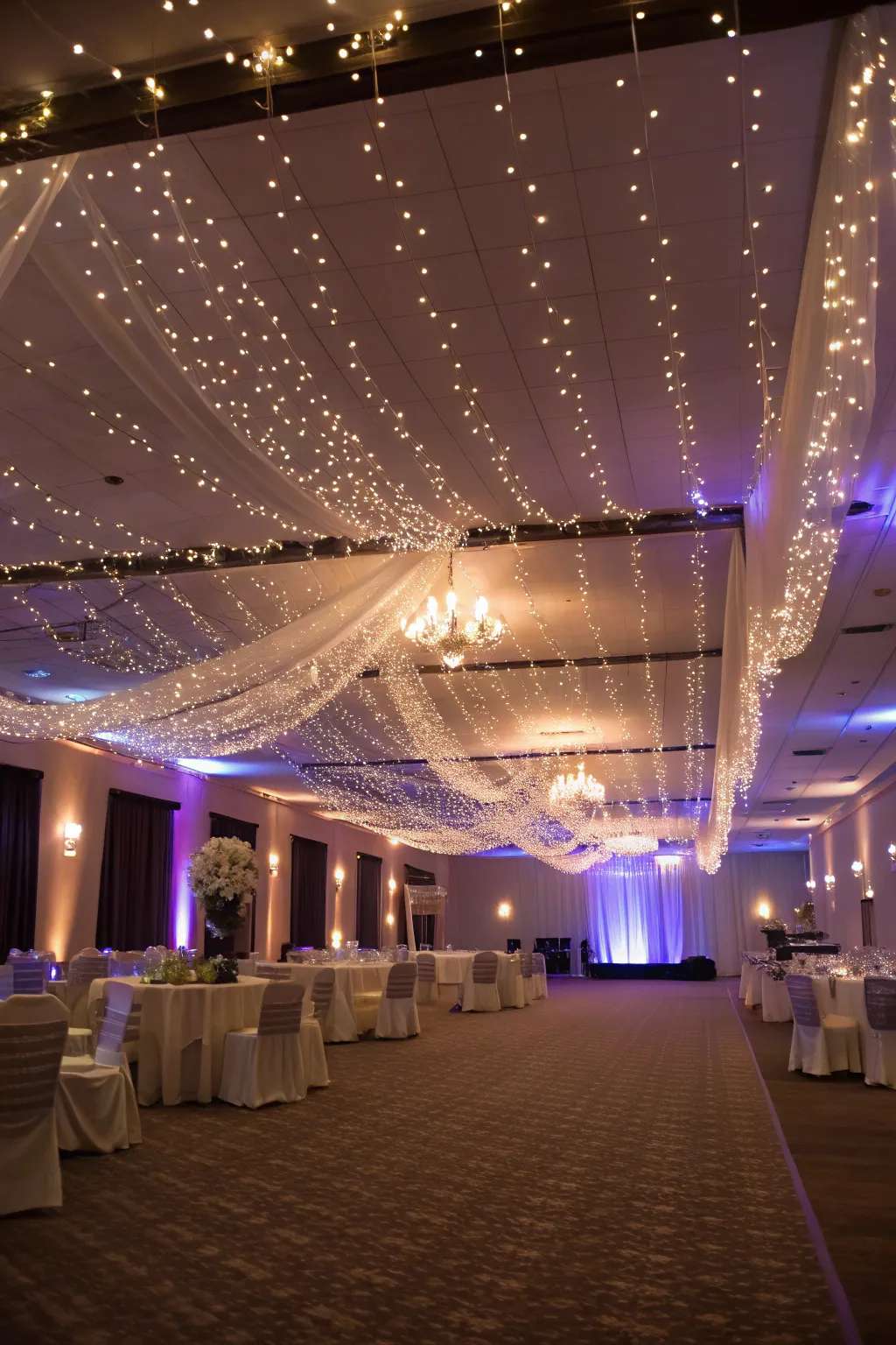 Fairy lights draped elegantly transform the hall into a magical wonderland.