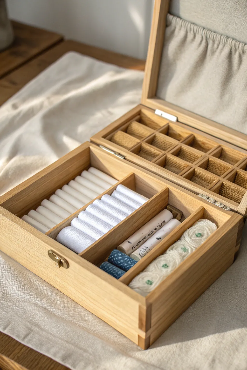 Transform your drawer into a sanctuary of order with a chic wooden organizer. Embrace the beauty of simplicity and craftsmanship!