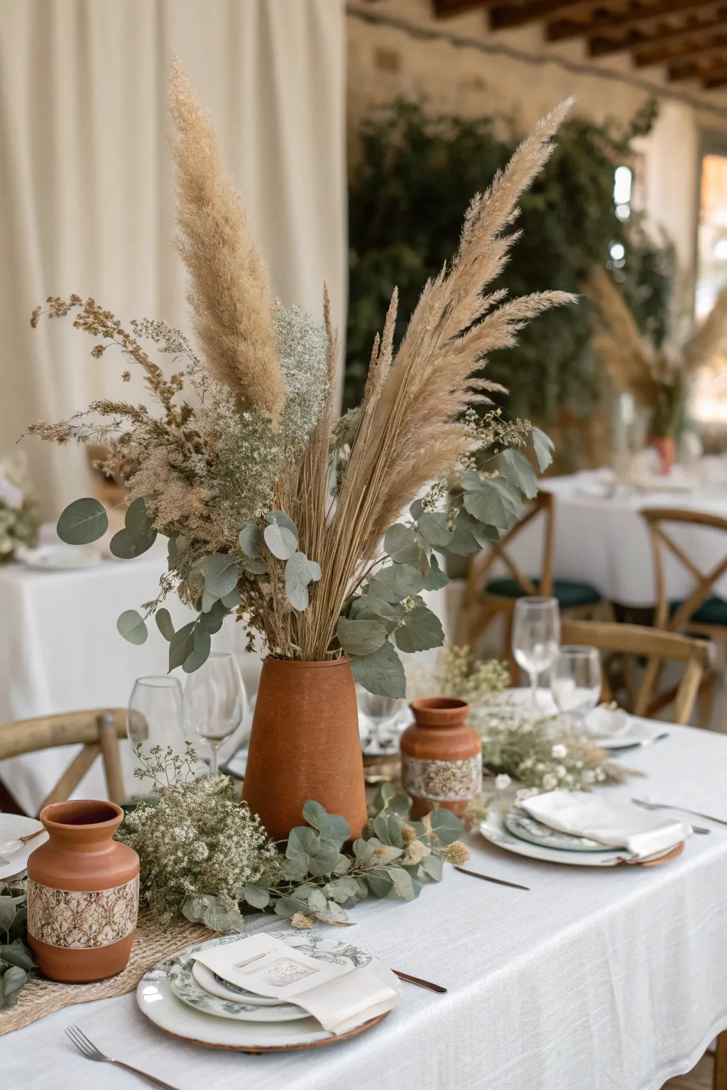 Dried florals in terracotta vases offer a boho-chic wedding vibe.