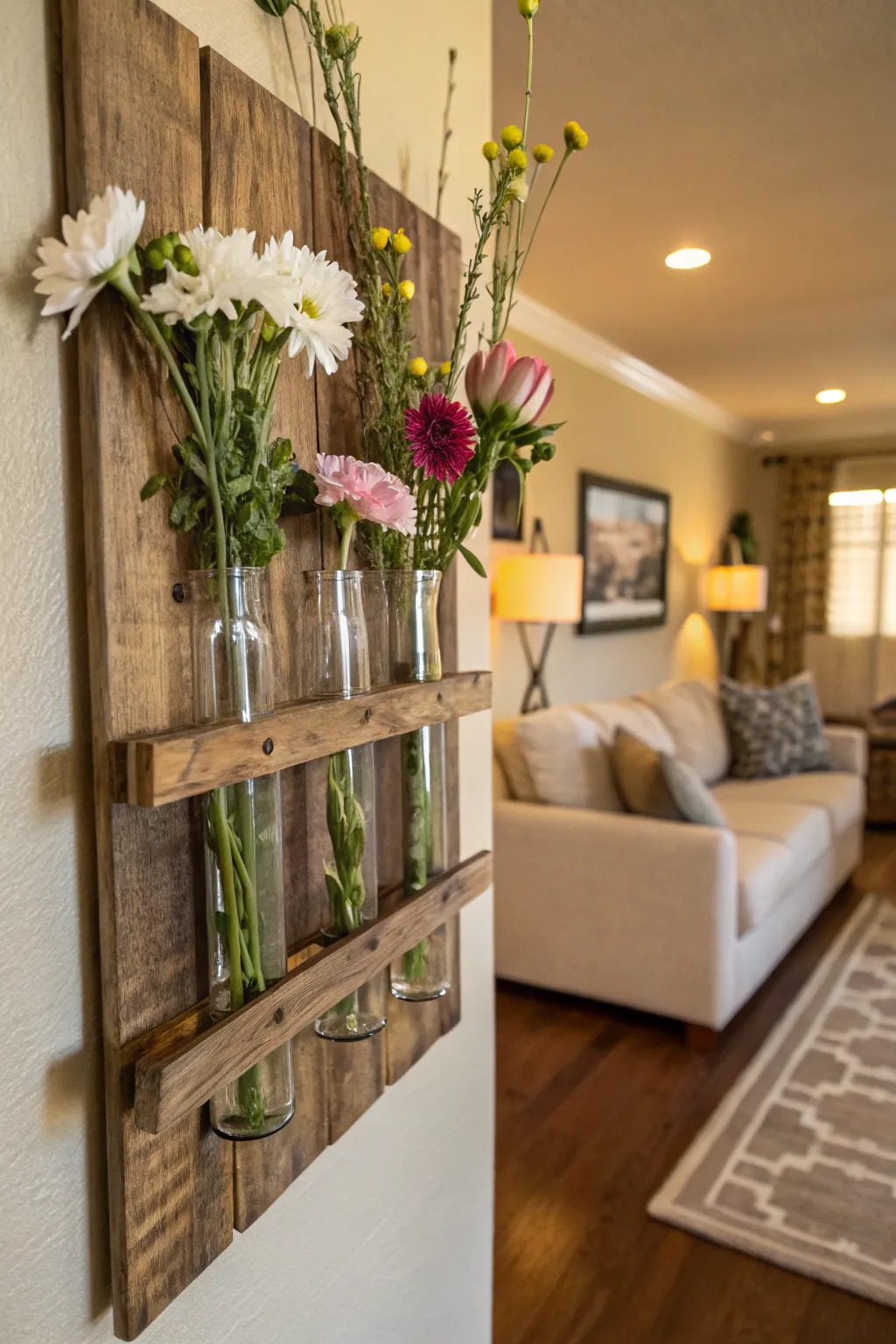 A rustic wall-mounted test tube display turns flowers into living art.