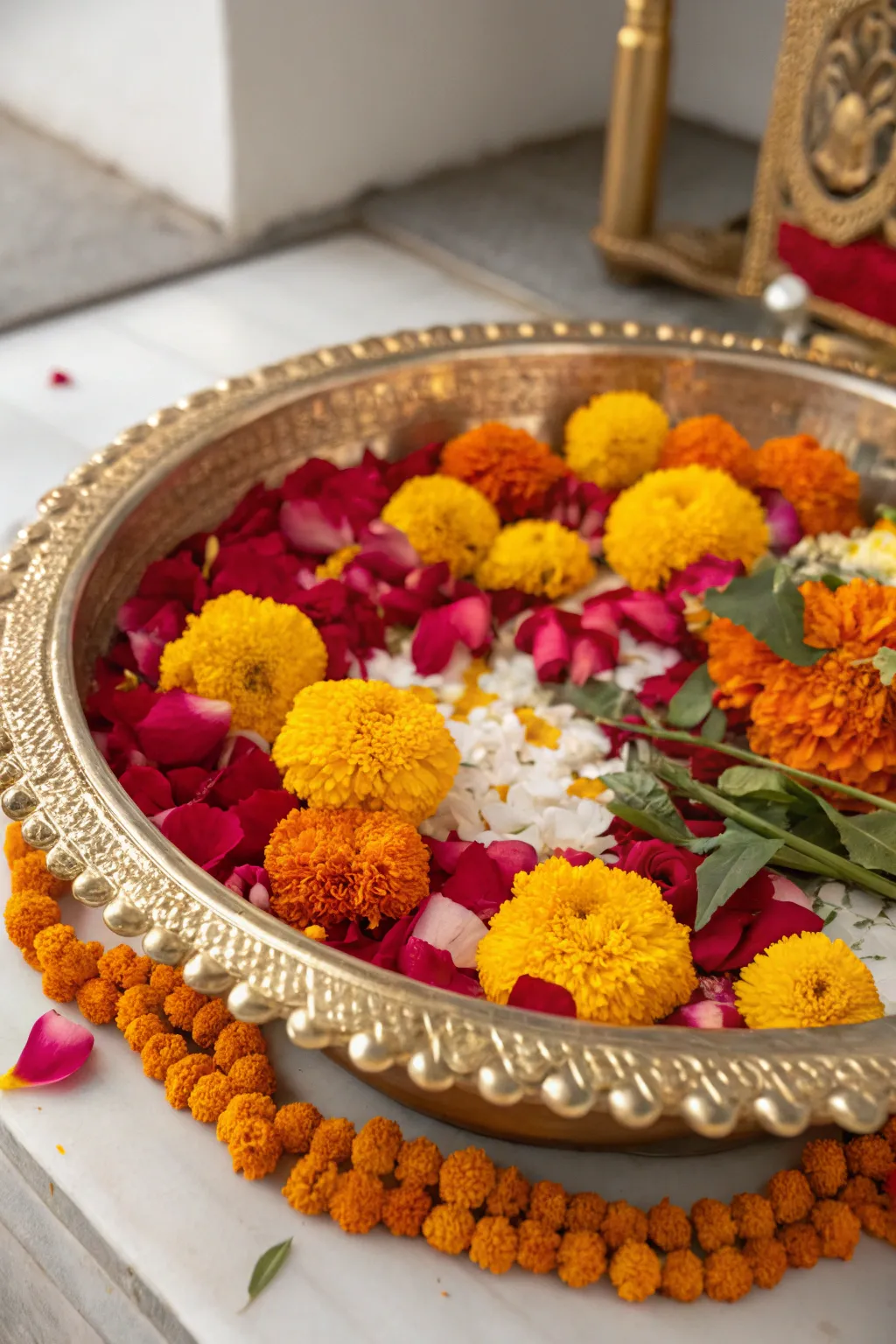 A thali adorned with colorful marigold and rose petals for a natural look.